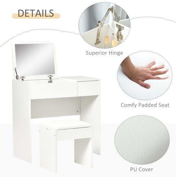 HOMCOM Makeup Desk with Drawer, Vanity Table Set with Flip-up Mirror and Cushioned Stool, White Aosom UK