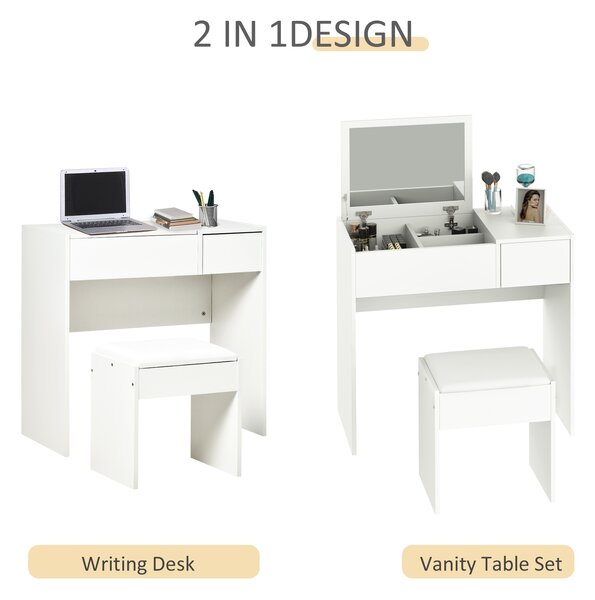 HOMCOM Makeup Desk with Drawer, Vanity Table Set with Flip-up Mirror and Cushioned Stool, White Aosom UK