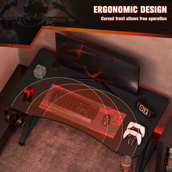 HOMCOM Ergonomic Gaming Desk, Steel Frame, Cup Holder, Headphone Hook, Adjustable Feet, Cable Management, Home Office, Black. Aosom UK