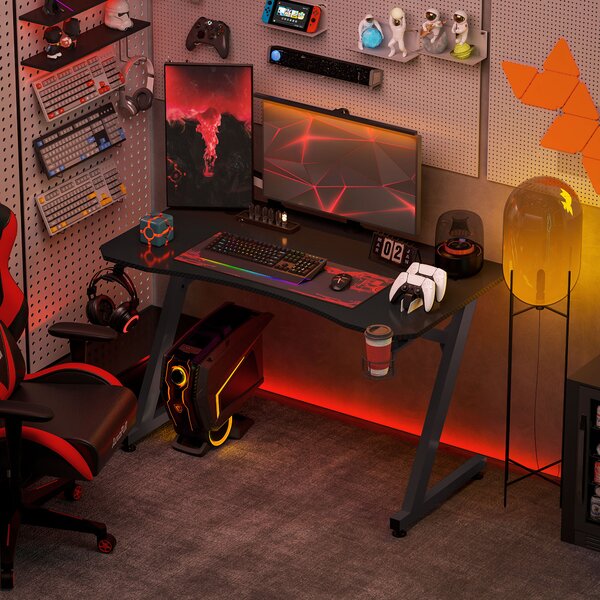 HOMCOM Ergonomic Gaming Desk, Steel Frame, Cup Holder, Headphone Hook, Adjustable Feet, Cable Management, Home Office, Black. Aosom UK