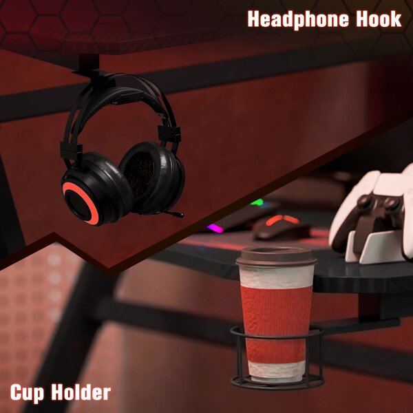 HOMCOM Ergonomic Gaming Desk, Steel Frame, Cup Holder, Headphone Hook, Adjustable Feet, Cable Management, Home Office, Black. Aosom UK