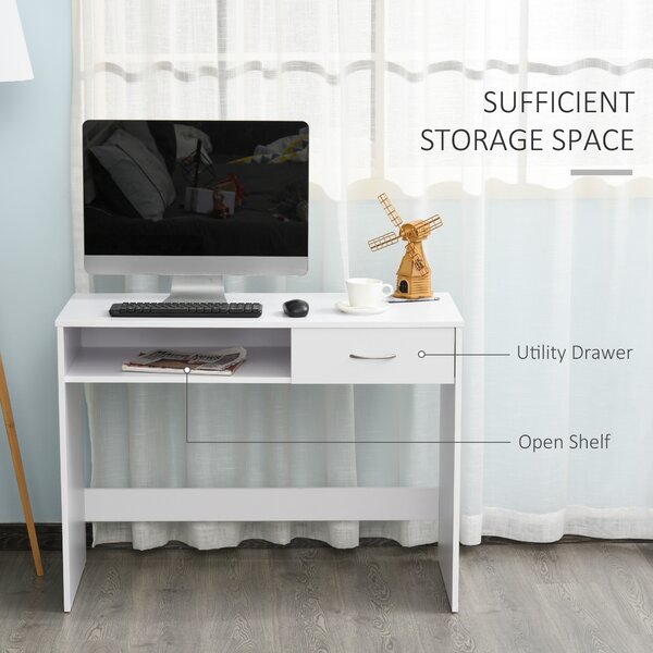HOMCOM Computer Desk with Shelf Drawer, Study Table with Storage Compartment, Writing Station, Stylish Display Storage, White Aosom UK