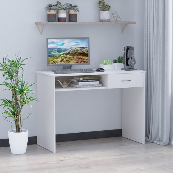 HOMCOM Computer Desk with Shelf Drawer, Study Table with Storage Compartment, Writing Station, Stylish Display Storage, White Aosom UK
