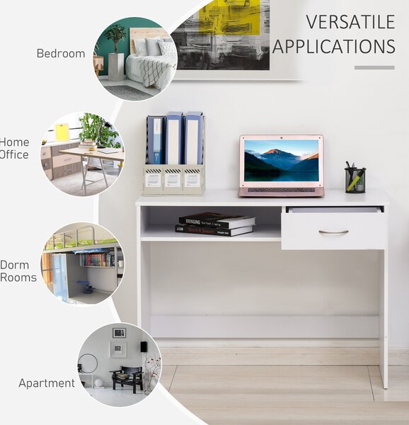 HOMCOM Computer Desk with Shelf Drawer, Study Table with Storage Compartment, Writing Station, Stylish Display Storage, White Aosom UK