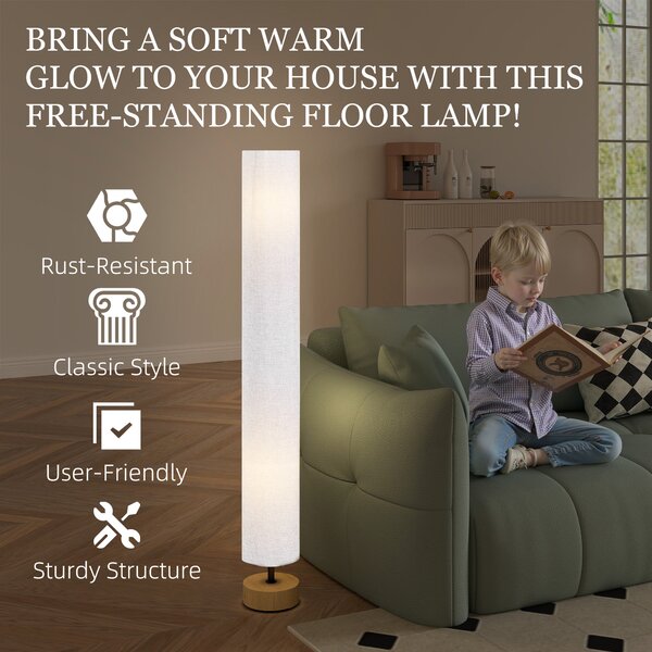 HOMCOM 120H cm Wooden Base Fabric Floor Lamp with Linen Fabric, Grey Aosom UK