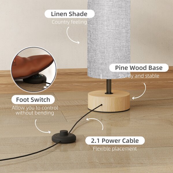 HOMCOM 120H cm Wooden Base Fabric Floor Lamp with Linen Fabric, Grey Aosom UK