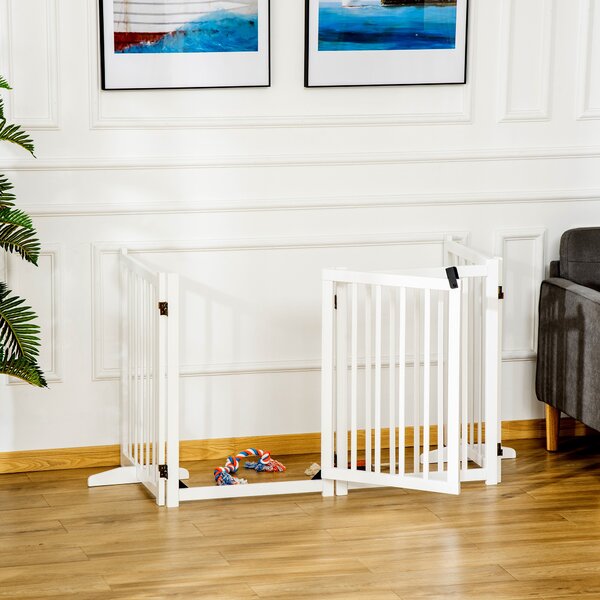 PawHut Freestanding Pet Gate: Wooden Foldable Barrier for Small to Medium Dogs, 4 Panel Design, White Aosom UK