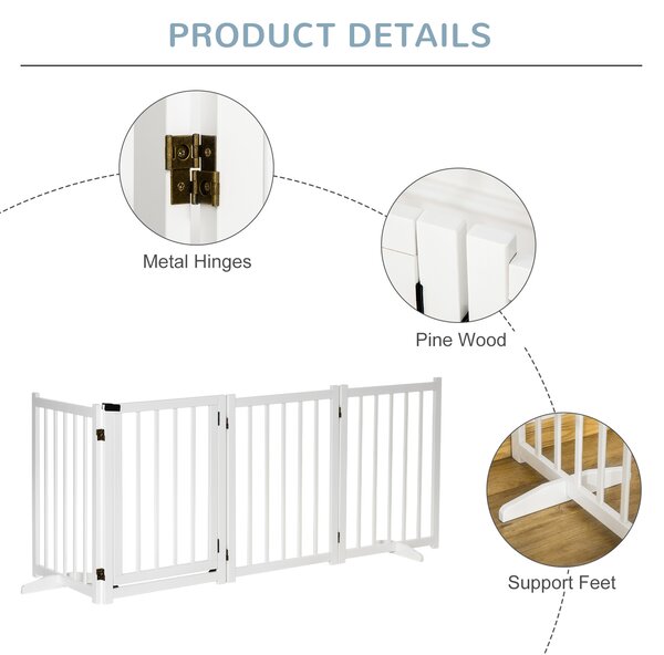 PawHut Freestanding Pet Gate: Wooden Foldable Barrier for Small to Medium Dogs, 4 Panel Design, White Aosom UK