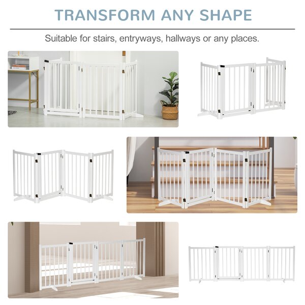 PawHut Freestanding Pet Gate: Wooden Foldable Barrier for Small to Medium Dogs, 4 Panel Design, White Aosom UK