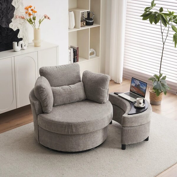 Chenille Bedroom Chairs with 3 Back Cushions and Crescent Ottoman Stool, 360° Swivel Armchair for Living room, 107L x 105W x 82H cm, Grey Aosom.UK