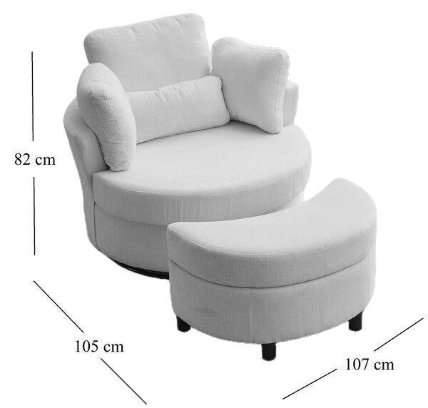 Teddy 360° Swivel Armchair with 3 Back Cushions and Crescent Ottoman Stool, Single Sofa for Living room, 107L x 105W x 82H cm, Medium Grey Aosom.UK