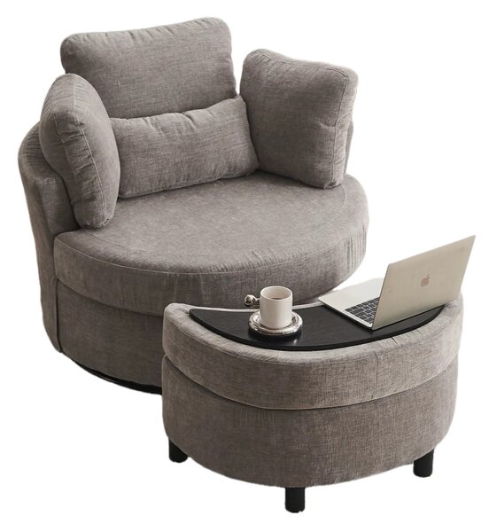 Chenille Bedroom Chairs with 3 Back Cushions and Crescent Ottoman Stool, 360° Swivel Armchair for Living room, 107L x 105W x 82H cm, Grey Aosom.UK