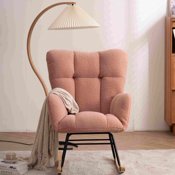 Teddy Fabric Modern Rocker with Padded Seat, Metal Base, Tufted Upholstered Rocking Comfy Chairs for Outdoor, Indoor, 80x70x95 cm, Pink Aosom.UK