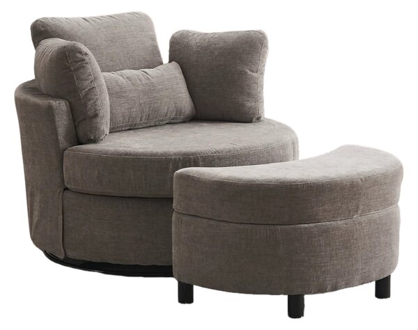 Chenille Bedroom Chairs with 3 Back Cushions and Crescent Ottoman Stool, 360° Swivel Armchair for Living room, 107L x 105W x 82H cm, Grey Aosom.UK