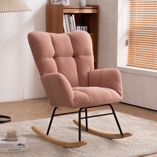 Teddy Fabric Modern Rocker with Padded Seat, Metal Base, Tufted Upholstered Rocking Comfy Chairs for Outdoor, Indoor, 80x70x95 cm, Pink Aosom.UK