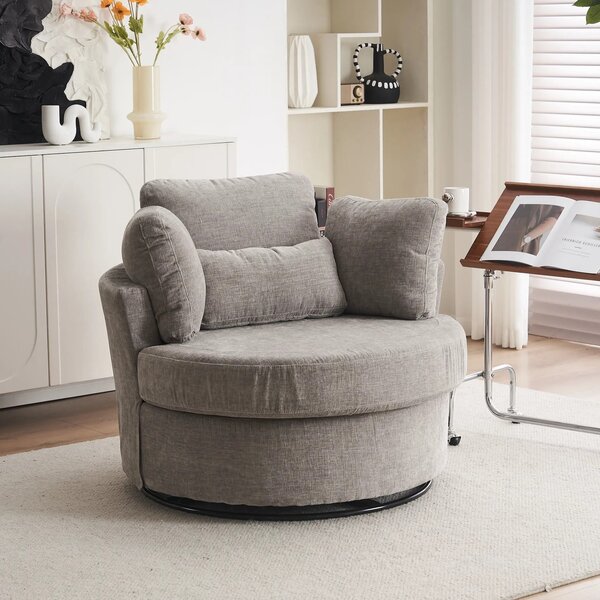 Chenille Bedroom Chairs with 3 Back Cushions and Crescent Ottoman Stool, 360° Swivel Armchair for Living room, 107L x 105W x 82H cm, Grey Aosom.UK