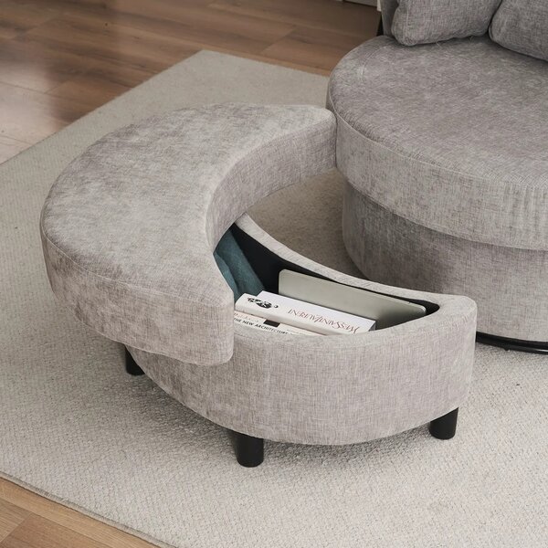Chenille Bedroom Chairs with 3 Back Cushions and Crescent Ottoman Stool, 360° Swivel Armchair for Living room, 107L x 105W x 82H cm, Grey Aosom.UK