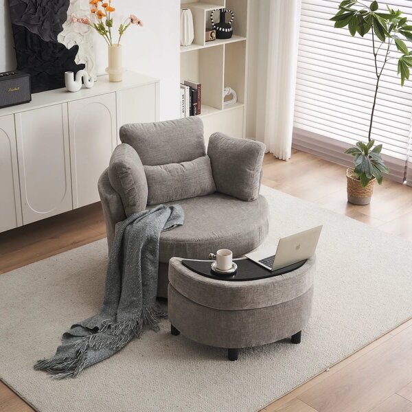 Chenille Bedroom Chairs with 3 Back Cushions and Crescent Ottoman Stool, 360° Swivel Armchair for Living room, 107L x 105W x 82H cm, Grey Aosom.UK