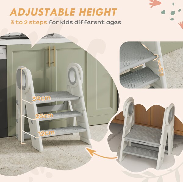 AIYAPLAY Foldable & Adjustable Toddler Tower with Handle, Non-Slip, Grey Aosom UK