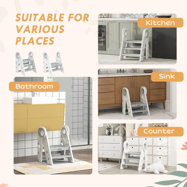AIYAPLAY Foldable & Adjustable Toddler Tower with Handle, Non-Slip, Grey Aosom UK
