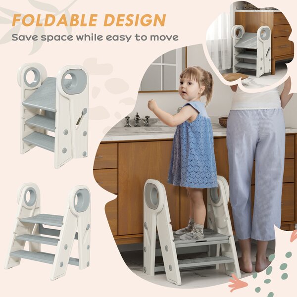 AIYAPLAY Foldable & Adjustable Toddler Tower with Handle, Non-Slip, Grey Aosom UK