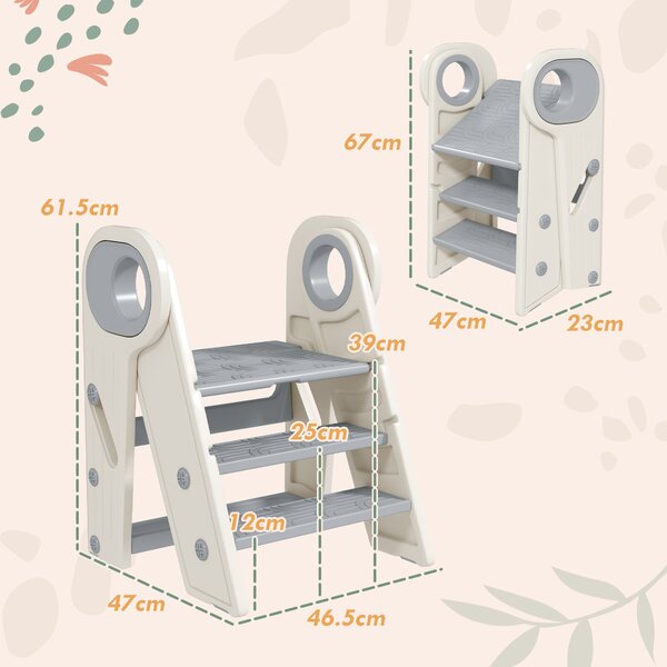 AIYAPLAY Foldable & Adjustable Toddler Tower with Handle, Non-Slip, Grey Aosom UK