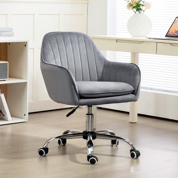 HOMCOM Office Chair, Swivel Desk Chair, Velvet-Feel Fabric Vanity Chair with Adjustable Height & Rolling Wheels for Home Work Study, Grey Aosom UK