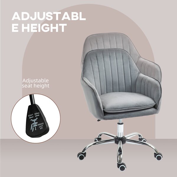 HOMCOM Office Chair, Swivel Desk Chair, Velvet-Feel Fabric Vanity Chair with Adjustable Height & Rolling Wheels for Home Work Study, Grey Aosom UK
