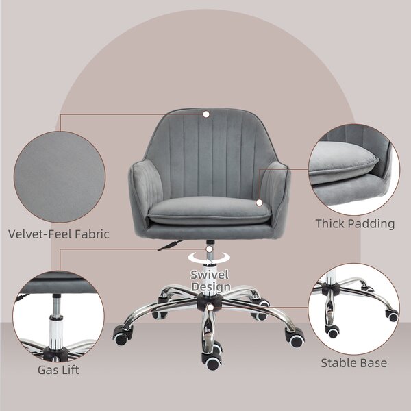 HOMCOM Office Chair, Swivel Desk Chair, Velvet-Feel Fabric Vanity Chair with Adjustable Height & Rolling Wheels for Home Work Study, Grey Aosom UK