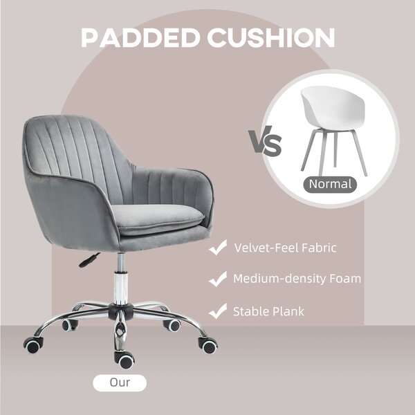 HOMCOM Office Chair, Swivel Desk Chair, Velvet-Feel Fabric Vanity Chair with Adjustable Height & Rolling Wheels for Home Work Study, Grey Aosom UK