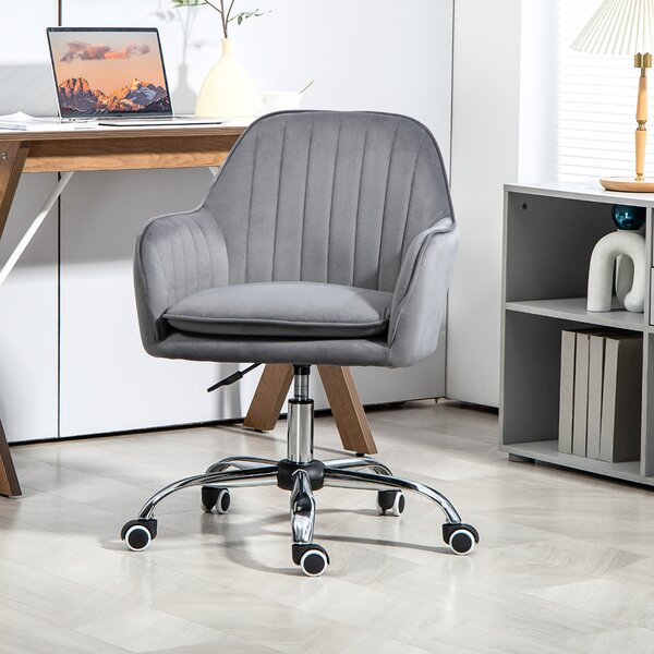 HOMCOM Office Chair, Swivel Desk Chair, Velvet-Feel Fabric Vanity Chair with Adjustable Height & Rolling Wheels for Home Work Study, Grey Aosom UK