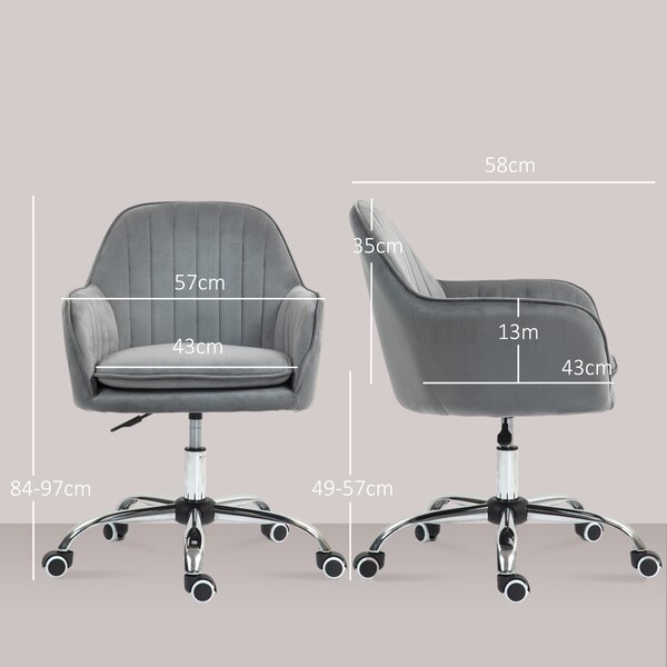 HOMCOM Office Chair, Swivel Desk Chair, Velvet-Feel Fabric Vanity Chair with Adjustable Height & Rolling Wheels for Home Work Study, Grey Aosom UK