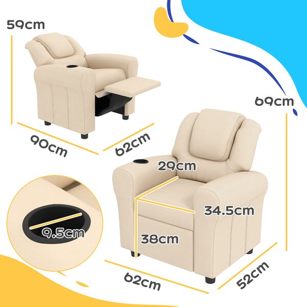 HOMCOM Kids Recliner Chair, PU Leather with Adjustable Backrest, Footrest, Padded Headrest, Beige Aosom UK