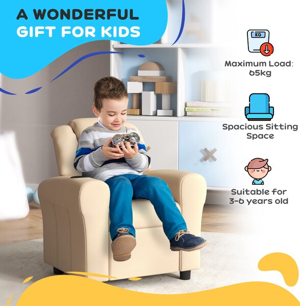 HOMCOM Kids Recliner Chair, PU Leather with Adjustable Backrest, Footrest, Padded Headrest, Beige Aosom UK