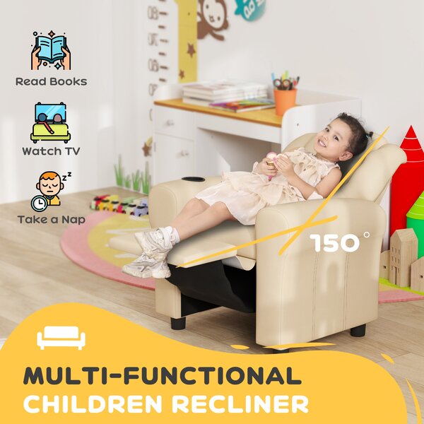 HOMCOM Kids Recliner Chair, PU Leather with Adjustable Backrest, Footrest, Padded Headrest, Beige Aosom UK