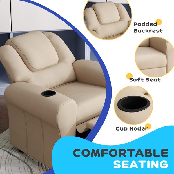 HOMCOM Kids Recliner Chair, PU Leather with Adjustable Backrest, Footrest, Padded Headrest, Beige Aosom UK