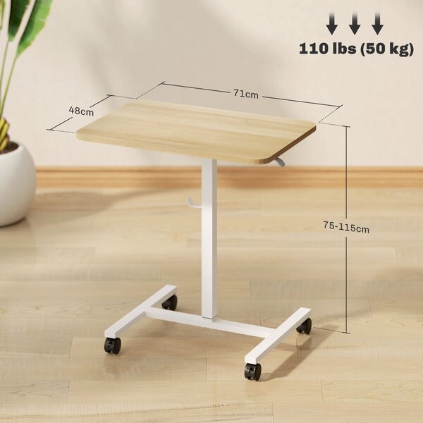 HOMCOM Height Adjustable Standing Desk, Pneumatic Sit Stand Desk for Laptop, Mobile Overbed Table with Wheels, Natural Wood Finish Aosom UK
