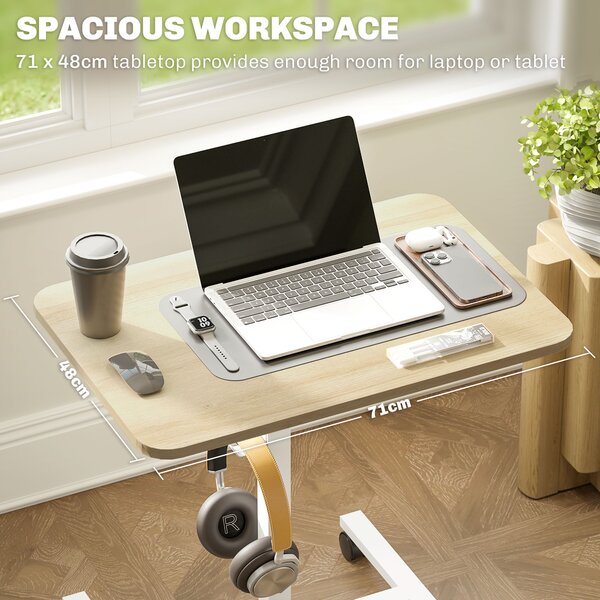 HOMCOM Height Adjustable Standing Desk, Pneumatic Sit Stand Desk for Laptop, Mobile Overbed Table with Wheels, Natural Wood Finish Aosom UK