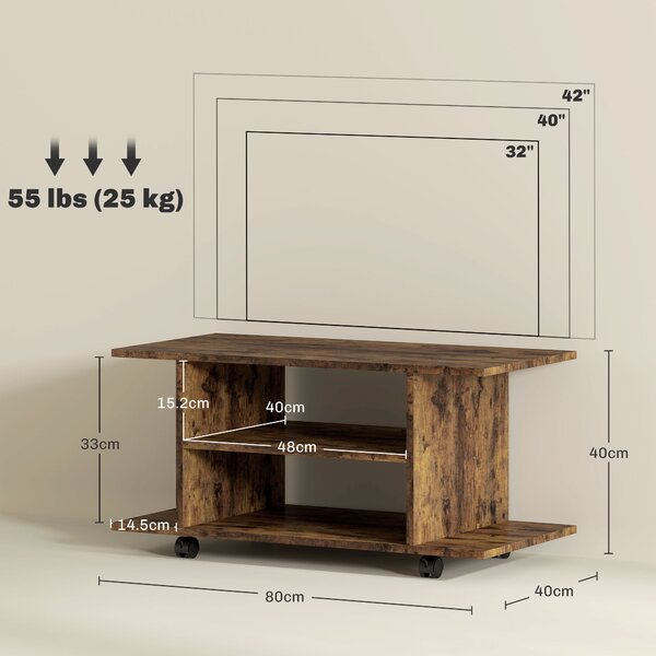 HOMCOM Modern TV Cabinet Stand Storage Shelves Table Mobile Bedroom Furniture Bookshelf Bookcase Rustic Brown Aosom UK