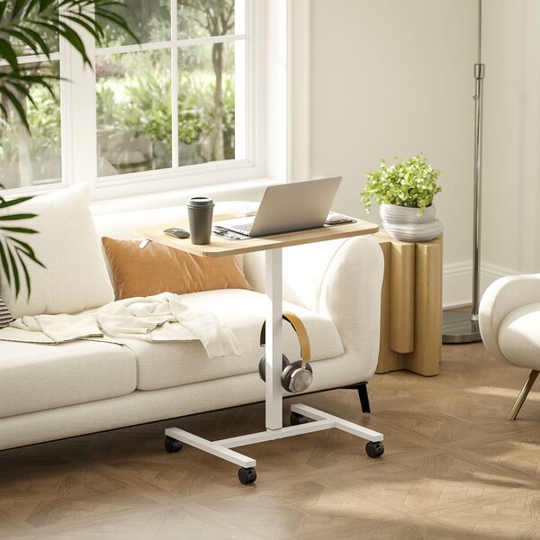 HOMCOM Height Adjustable Standing Desk, Pneumatic Sit Stand Desk for Laptop, Mobile Overbed Table with Wheels, Natural Wood Finish Aosom UK
