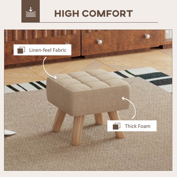 HOMCOM Modern Tufted Footstool, Fabric Foot Stool with Rubber Wood Legs, Padded Seat, for Living Room, Bedroom, Entryway, Light Brown Aosom UK