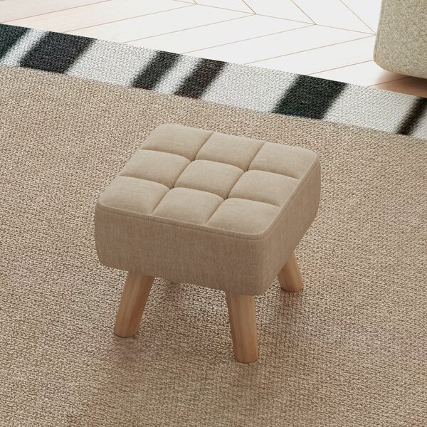 HOMCOM Modern Tufted Footstool, Fabric Foot Stool with Rubber Wood Legs, Padded Seat, for Living Room, Bedroom, Entryway, Light Brown Aosom UK
