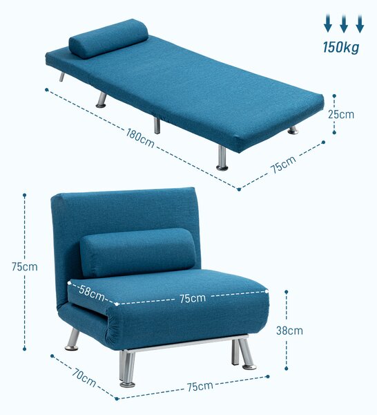 HOMCOM Single Sofa Bed, 1 Person Sleeper Foldable Lounge with Pillow & Cat Scratch Resistant Fabric, Cat Scratch Anti, Blue Aosom UK