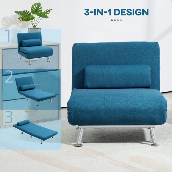 HOMCOM Single Sofa Bed, 1 Person Sleeper Foldable Lounge with Pillow & Cat Scratch Resistant Fabric, Cat Scratch Anti, Blue Aosom UK
