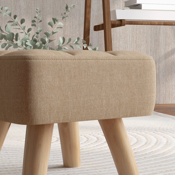 HOMCOM Modern Tufted Footstool, Fabric Foot Stool with Rubber Wood Legs, Padded Seat, for Living Room, Bedroom, Entryway, Light Brown Aosom UK
