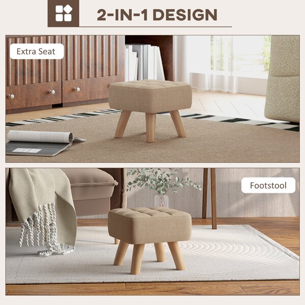 HOMCOM Modern Tufted Footstool, Fabric Foot Stool with Rubber Wood Legs, Padded Seat, for Living Room, Bedroom, Entryway, Light Brown Aosom UK