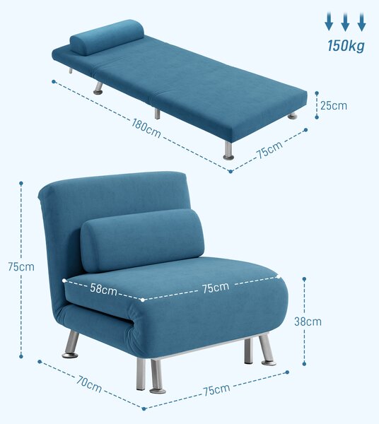 HOMCOM Single Sofa Bed, 1 Person Sleeper Foldable Lounge with Pillow, Blue Aosom UK