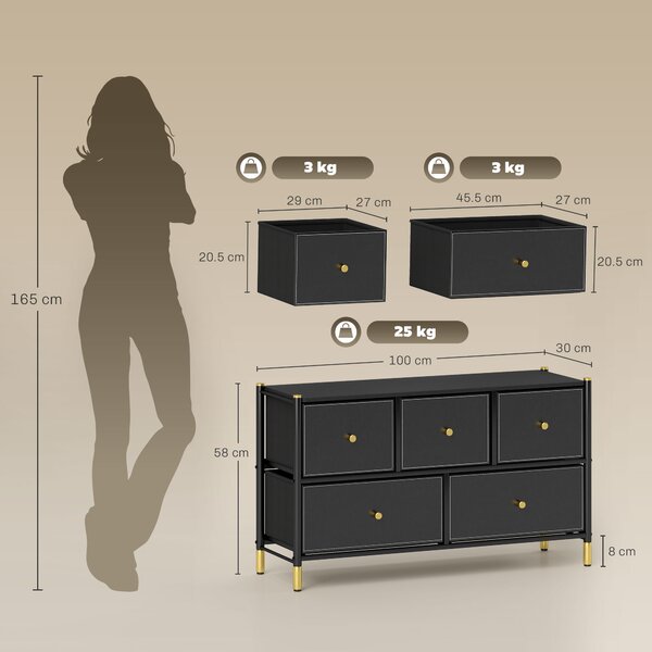 HOMCOM Chest of Drawers, 5 Drawer Fabric Dresser with PU Leather Surface, Steel Frame, Storage Organizer Unit for Bedroom Black Aosom UK