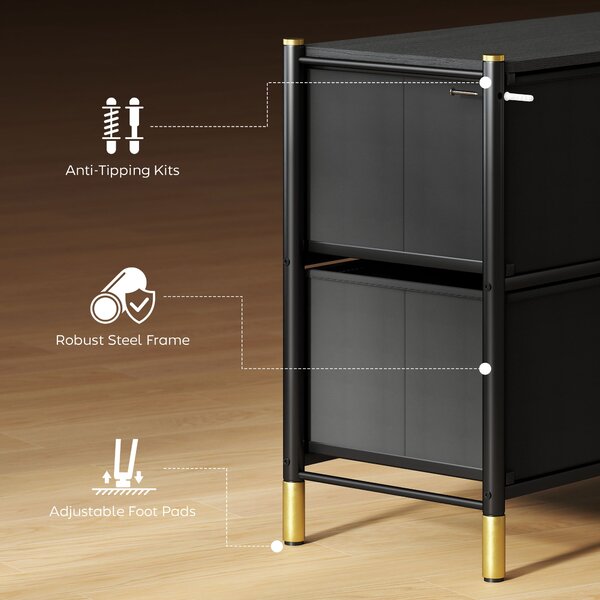 HOMCOM Chest of Drawers, 5 Drawer Fabric Dresser with PU Leather Surface, Steel Frame, Storage Organizer Unit for Bedroom Black Aosom UK