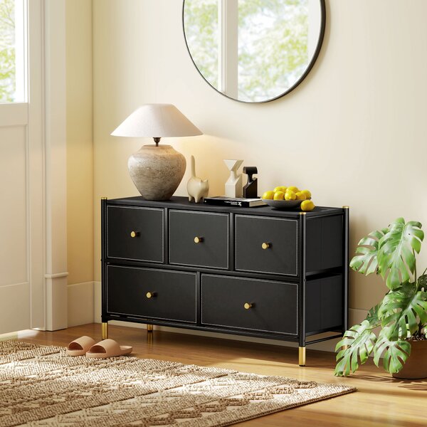 HOMCOM Chest of Drawers, 5 Drawer Fabric Dresser with PU Leather Surface, Steel Frame, Storage Organizer Unit for Bedroom Black Aosom UK